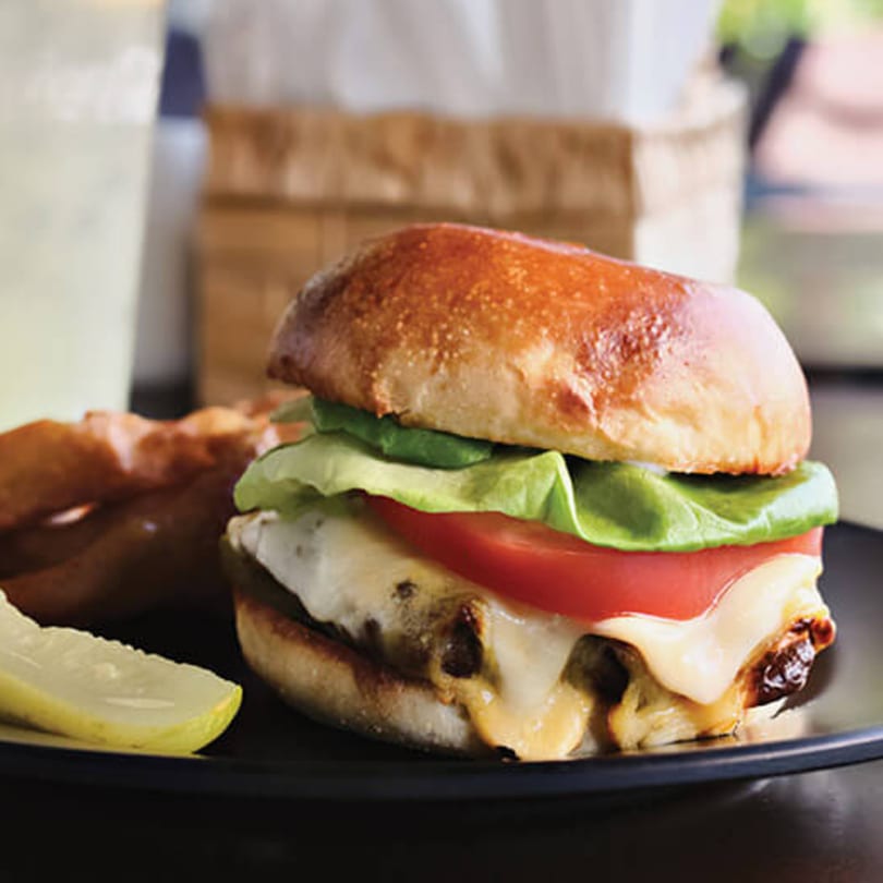 A juicy cheeseburger with lettuce, tomato, and a pickle spear on a dark plate.