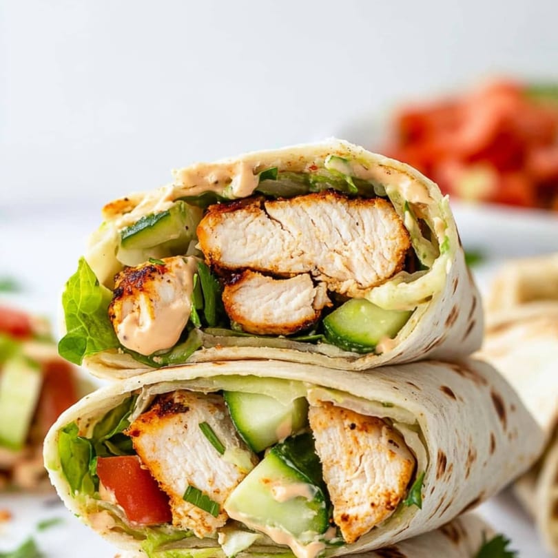 Two grilled chicken wraps, cut in half, filled with lettuce, cucumbers, and sauce.